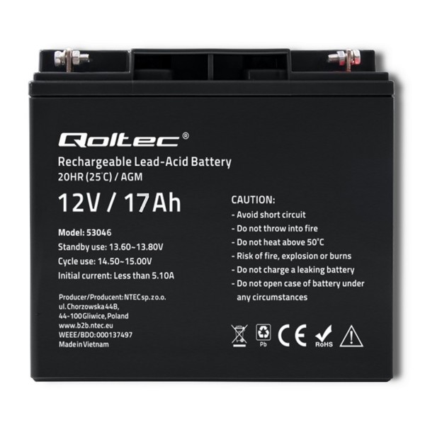 Акумулятор необслуговуваний LongLife AGM Qoltec 12V 17А/год