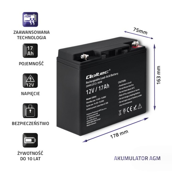 Акумулятор необслуговуваний LongLife AGM Qoltec 12V 17А/год