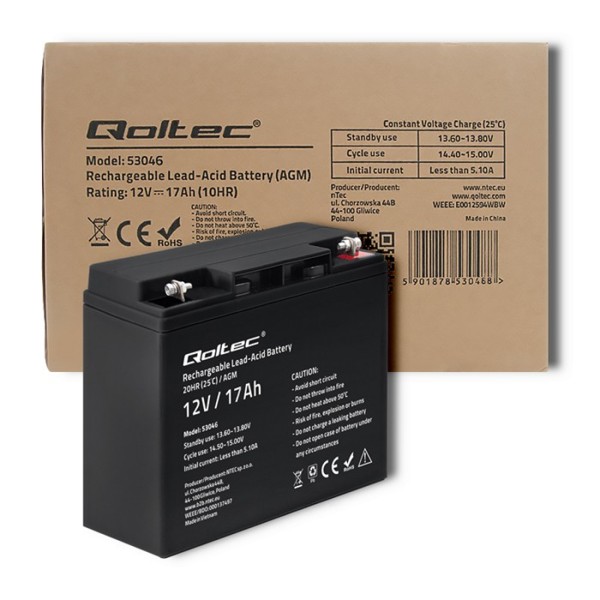 Акумулятор необслуговуваний LongLife AGM Qoltec 12V 17А/год