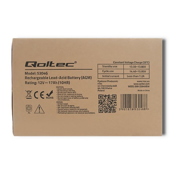 Акумулятор необслуговуваний LongLife AGM Qoltec 12V 17А/год