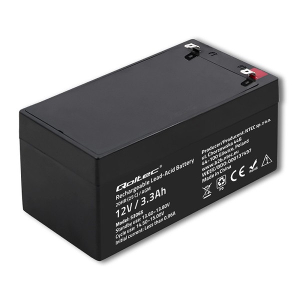 Акумулятор необслуговуваний LongLife AGM Qoltec 12V 3.3А/год