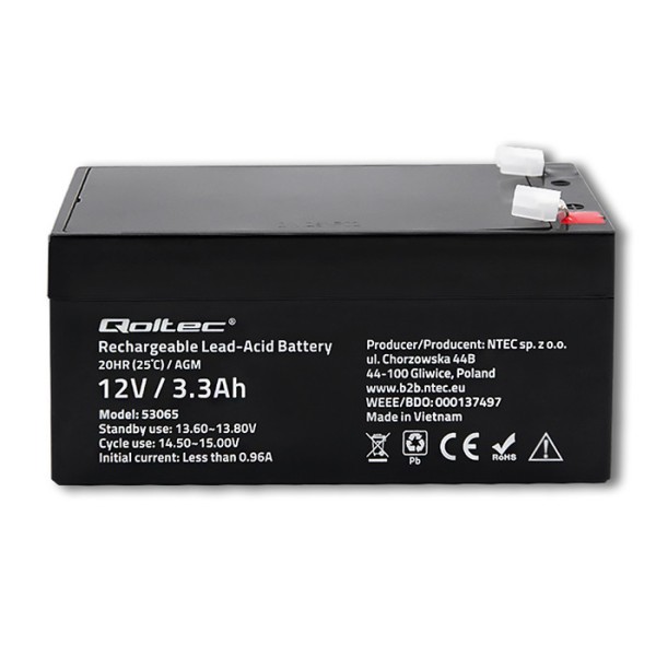 Акумулятор необслуговуваний LongLife AGM Qoltec 12V 3.3А/год