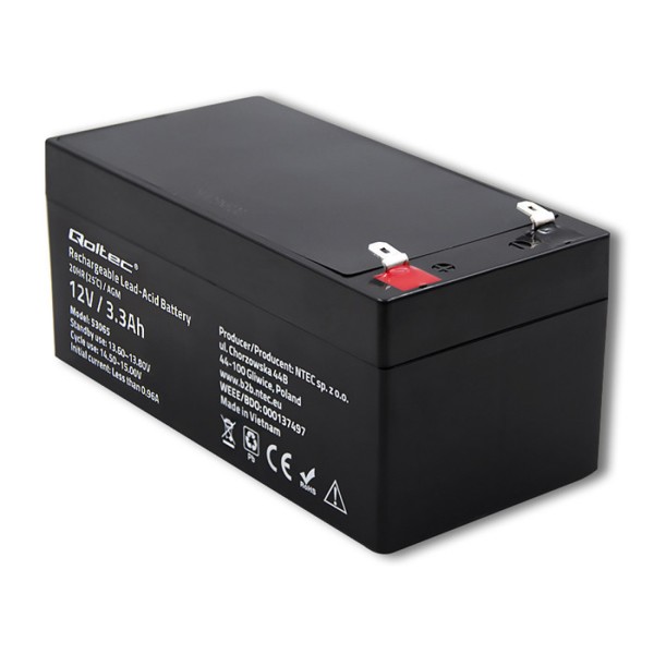 Акумулятор необслуговуваний LongLife AGM Qoltec 12V 3.3А/год