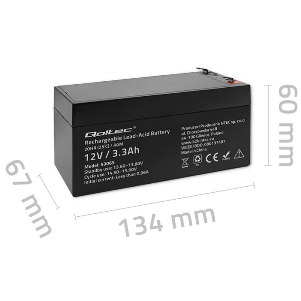 Акумулятор необслуговуваний LongLife AGM Qoltec 12V 3.3А/год