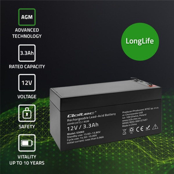 Акумулятор необслуговуваний LongLife AGM Qoltec 12V 3.3А/год