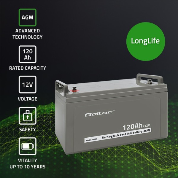 Акумулятор необслуговуваний LongLife AGM Qoltec  12V 120А/год