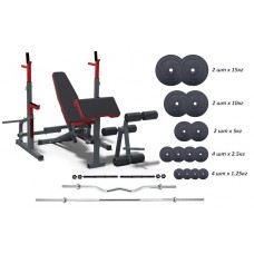 Лавка для жиму + Стійки для присідань + 4 грифи + 75 кг млинців