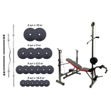 Універсальна лавка зі стійками та тренажерами, 4 грифи, 62 кг дисків RN-Sport