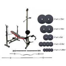 Універсальна лавка зі стійками та тренажерами + Штанга 83 кг, гриф W, гантелі RN-Sport