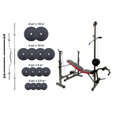 Універсальна лава з тягою для спини та стійками + 4 грифи, 100 кг дисків RN-Sport
