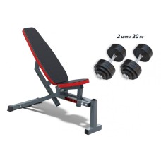 Універсальна лава, кут нахилу від -30° до +90 °. Дві розбірні гумові гантелі від 1 до 20 кг.