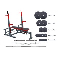 Лавка 3090 + Стійки 50x50 зі страхувальними упорами, 4 грифи, 75 кг млинців RN-Sport