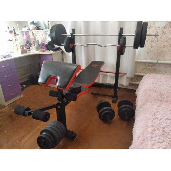 ТОП! Лавка для жиму ReadMeBlack + Штанга 83 кг, гриф W, гантелі RN-Sport