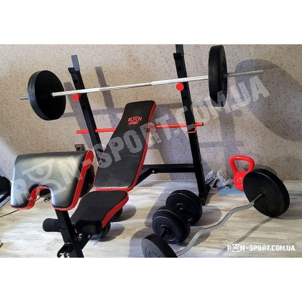 ТОП! Лавка для жиму ReadMeBlack + Штанга 83 кг, гриф W, гантелі RN-Sport