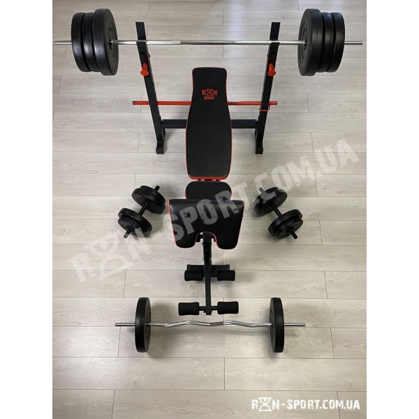 ТОП! Лавка для жиму ReadMeBlack + Штанга 83 кг, гриф W, гантелі RN-Sport