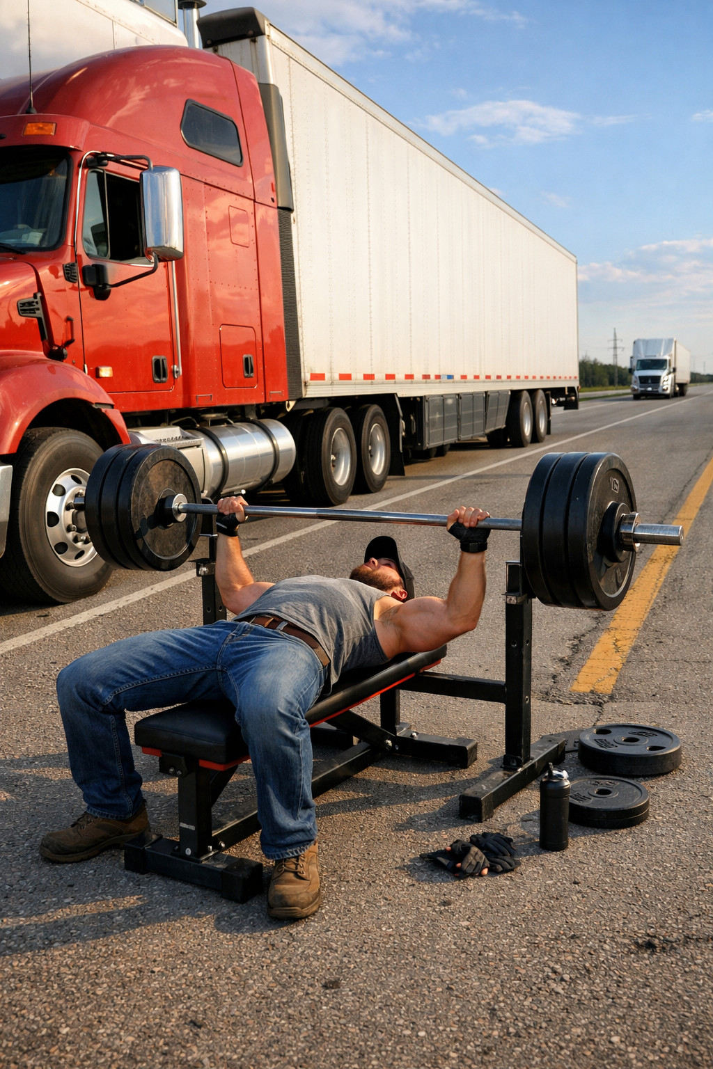 Водій жме штангу на лаві біля вантажівки