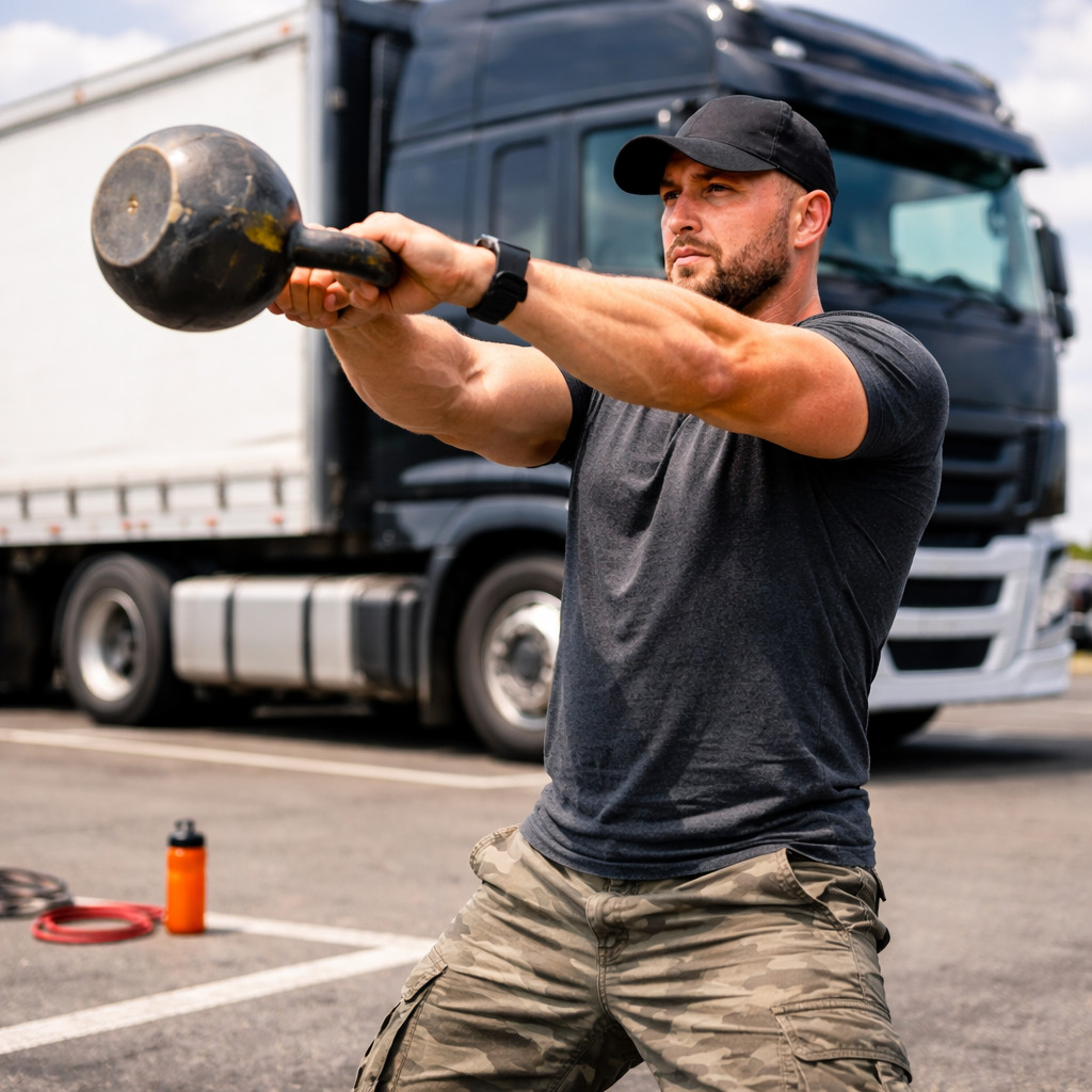 Водій тренується з гирею на парковці
