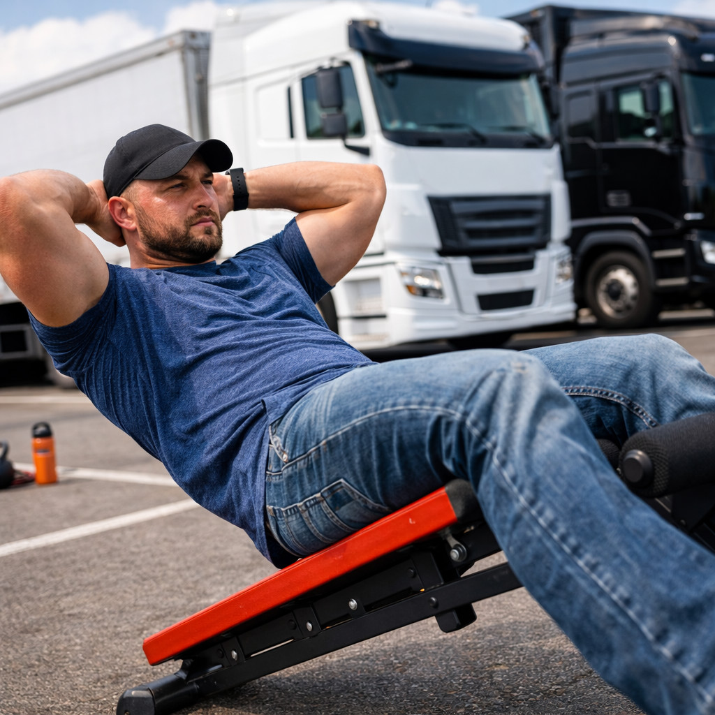 Водій тренує прес на лаві на парковці